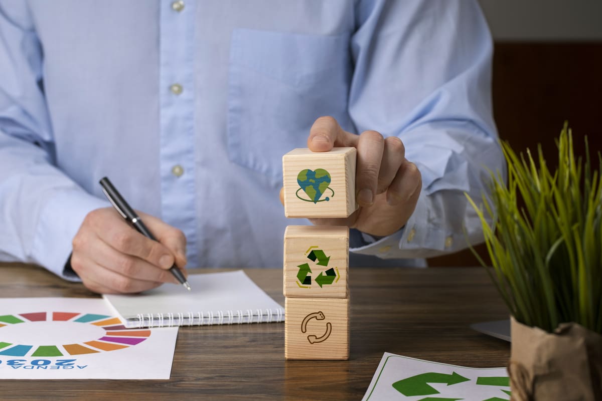 Dettaglio di un vaso di vetro contenente delle monete e una piantina per il servizio di certificazione secondo lo schema Made Green Italy.